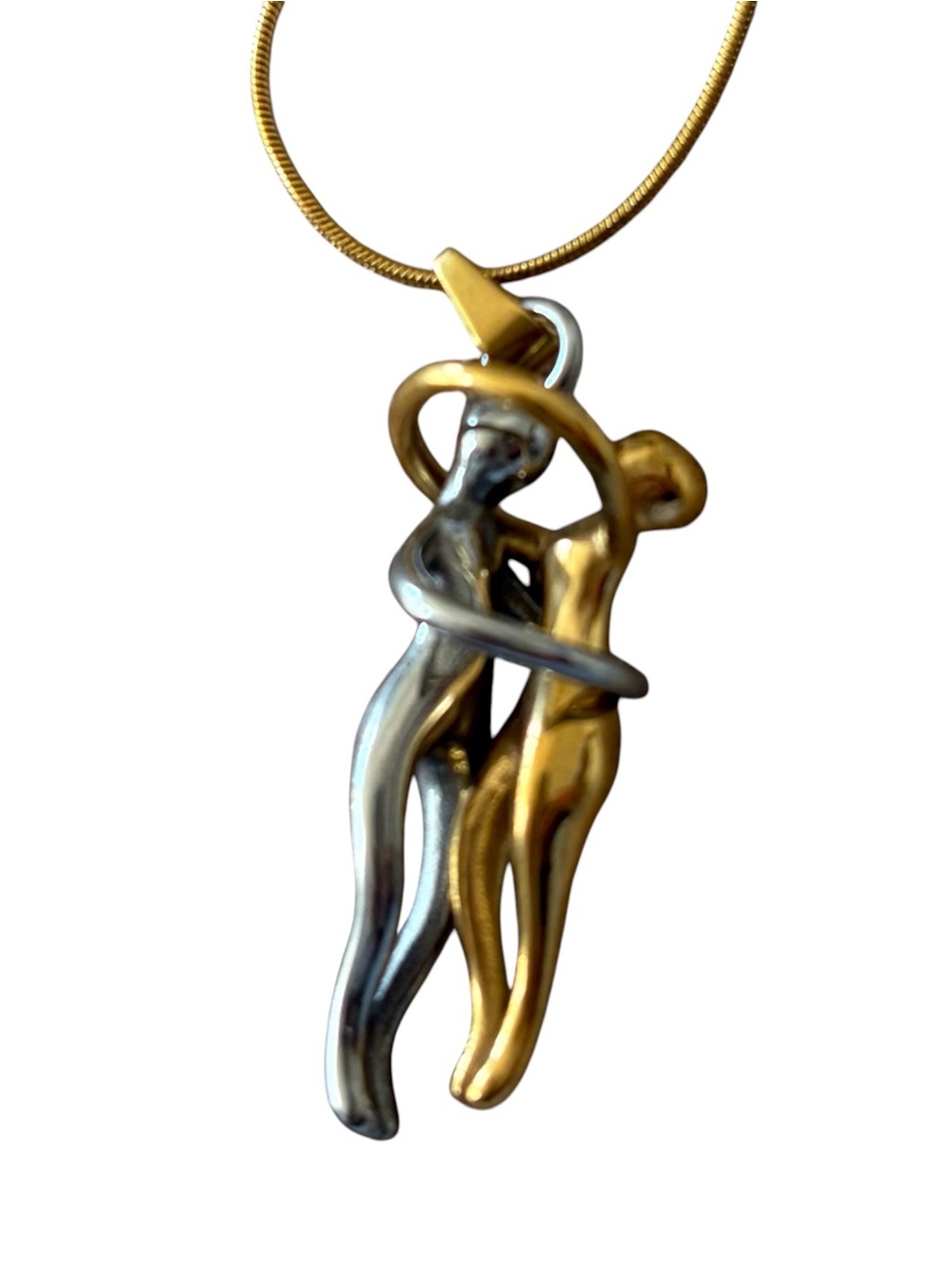 Stainless Steel Chain Two-Tone Embracing Couple Pendant Necklace